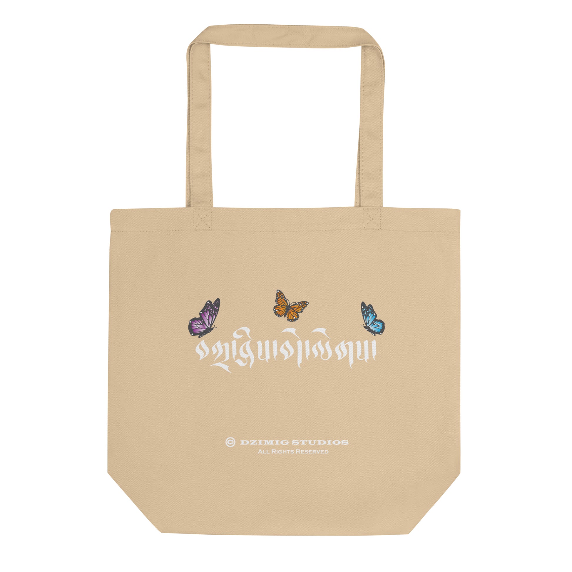 Tibetan calligraphy tote bag - Tashi delek Tibetan tote bag - butterfly printed tote bag